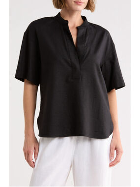 Vince Black Linen Blend Split Neck Popover Top XS